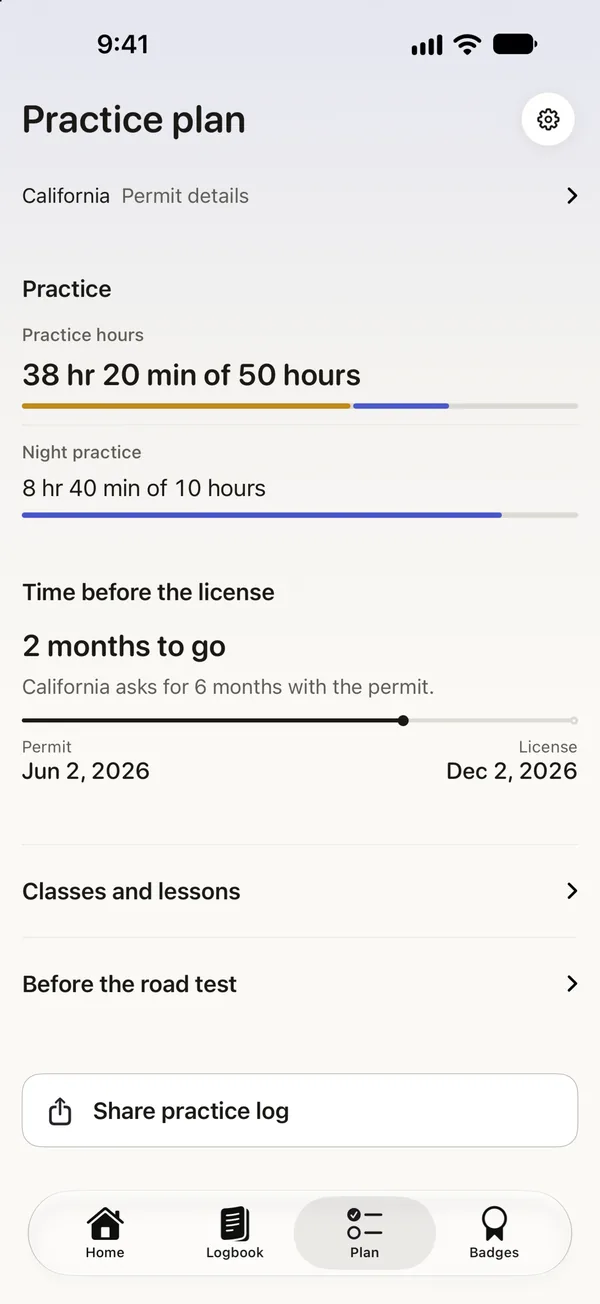 The practice plan showing 38 hours 20 minutes of 50, and 2 months left before the license.